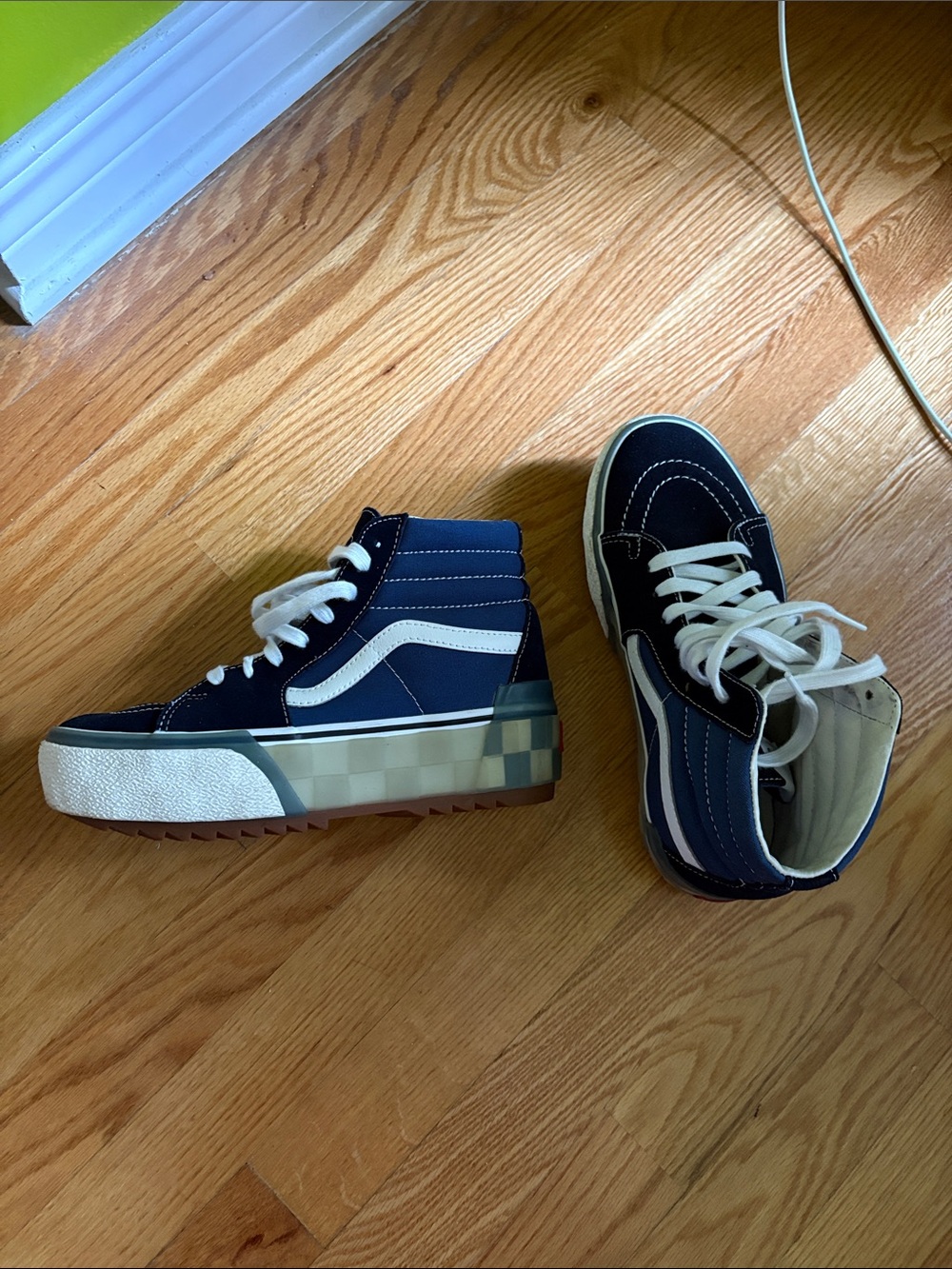Vans Vault Navy and White High-Top Sneakers with Checker Platform Size 7